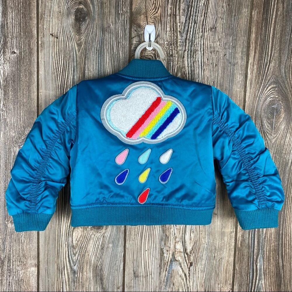 CAT & JACK Girl's Rainbow Rain Drops Patch Blue Satin Bomber Jacket